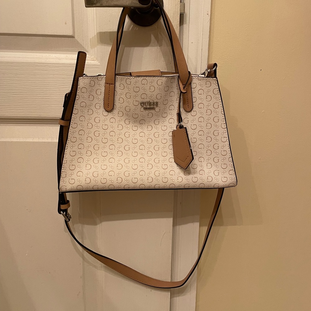 GUESS White and Tan Logo Print Crossbody Purse